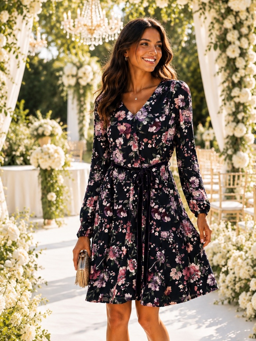 GAL MEETS GLAM Rosalind Blue Floral Fit & Flare Long Sleeve Dress Size 2